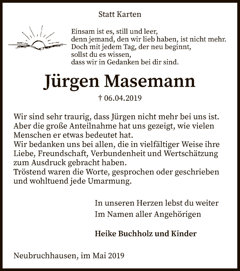  Traueranzeige für Jürgen Masemann vom 01.06.2019 aus SYK