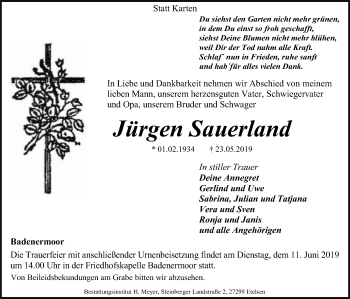 Traueranzeige von Jürgen Sauerland von SYK