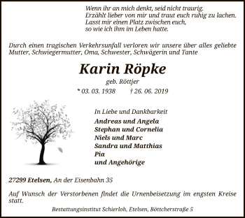 Traueranzeige von Karin Röpke von SYK