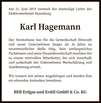 Traueranzeige von Karl Hagemann von SYK