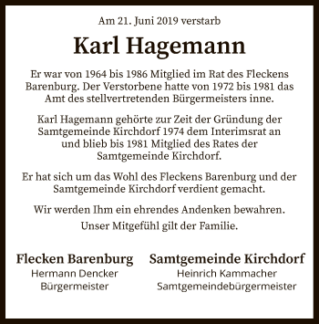 Traueranzeige von Karl Hagemann von SYK