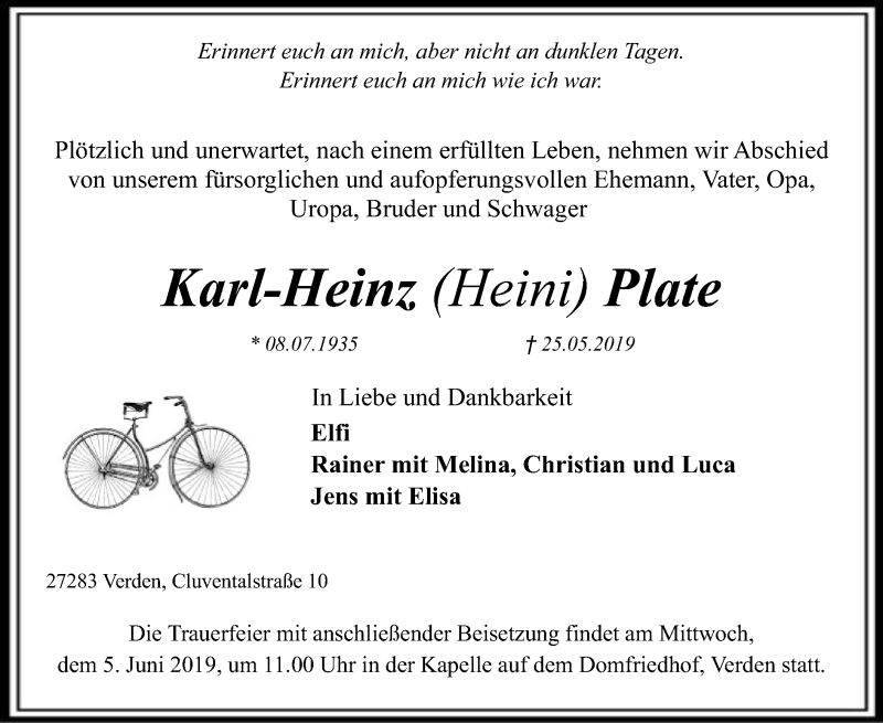  Traueranzeige für Karl-Heinz  Plate vom 01.06.2019 aus SYK