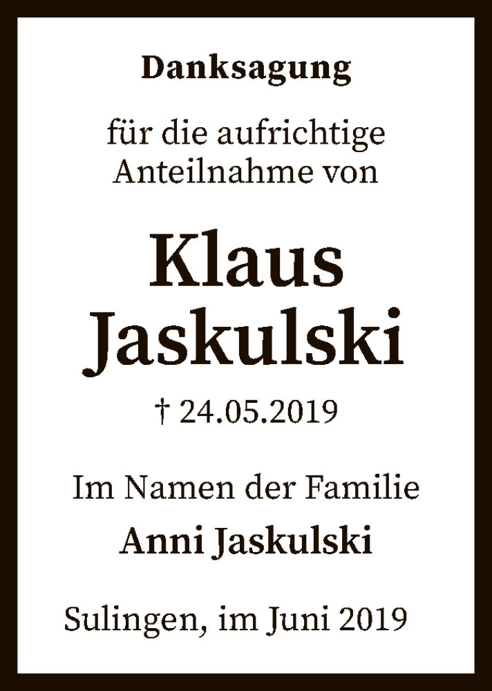  Traueranzeige für Klaus Jaskulski vom 22.06.2019 aus SYK