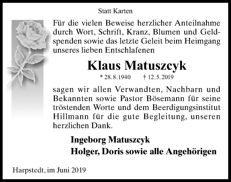  Traueranzeige für Klaus Matuszcyk vom 07.06.2019 aus SYK