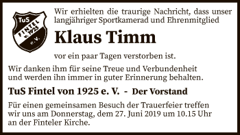 Traueranzeige von Klaus Timm von SYK