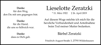 Traueranzeige von Lieselotte Zeratzki von SYK