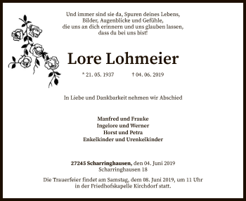 Traueranzeige von Lore Lohmeier von SYK