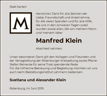 Traueranzeige von Manfred Klein von SYK