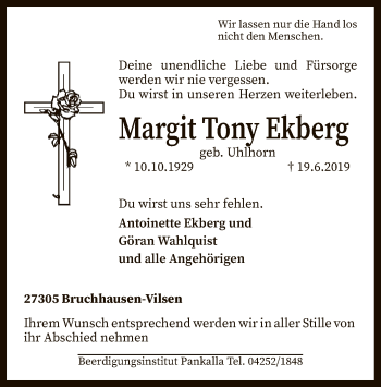 Traueranzeige von Margit Tony Ekberg von SYK