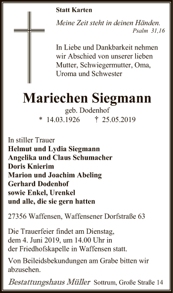 Traueranzeige von Mariechen Siegmann von SYK