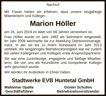 Traueranzeige von Marion Höller von SYK