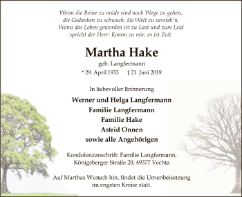 Traueranzeige von Martha Hake von SYK