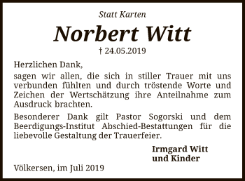 Traueranzeige von Norbert Witt von SYK