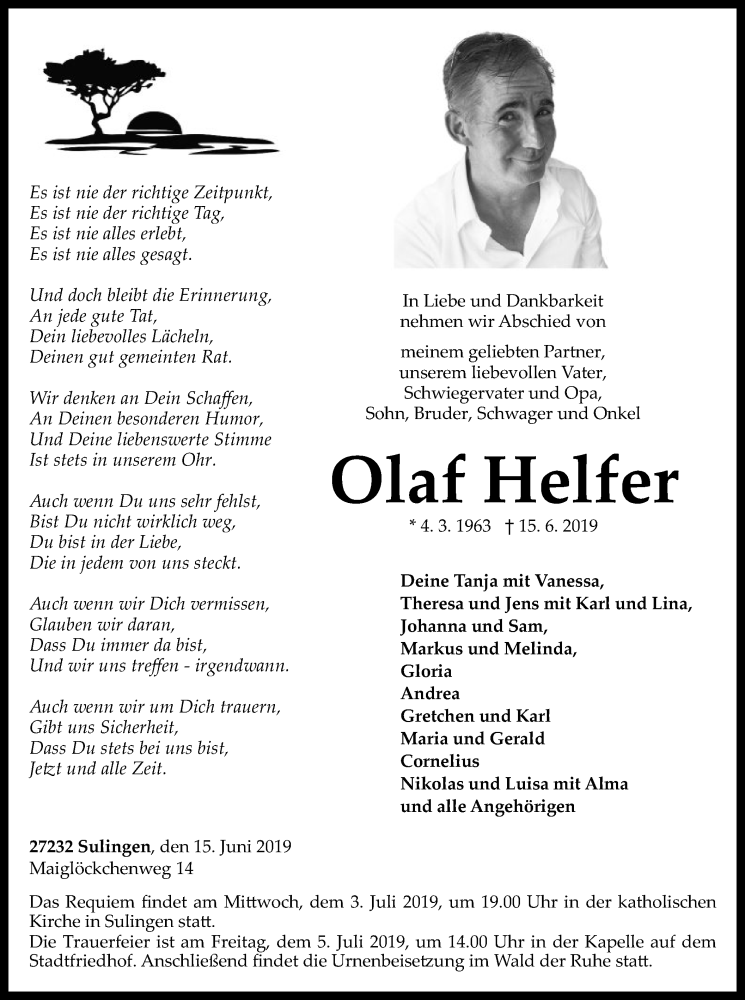  Traueranzeige für Olaf Helfer vom 26.06.2019 aus SYK
