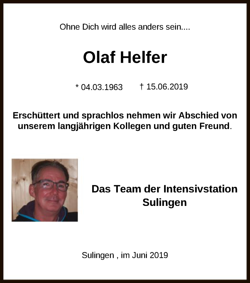  Traueranzeige für Olaf Helfer vom 29.06.2019 aus SYK