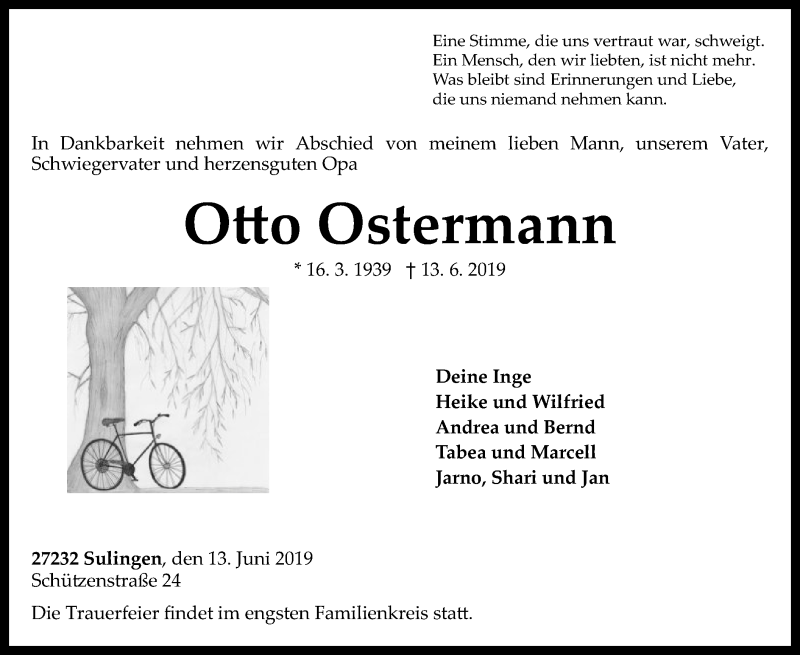  Traueranzeige für Otto Ostermann vom 15.06.2019 aus SYK