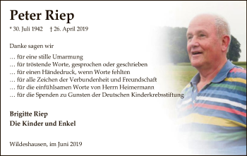 Traueranzeige von Peter Riep von SYK