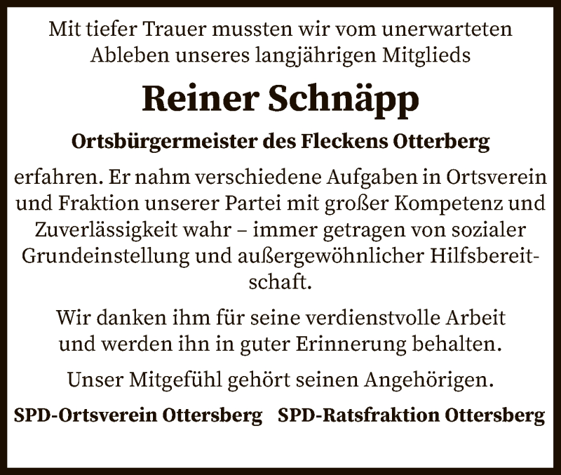  Traueranzeige für Reiner Schnäpp vom 05.06.2019 aus SYK