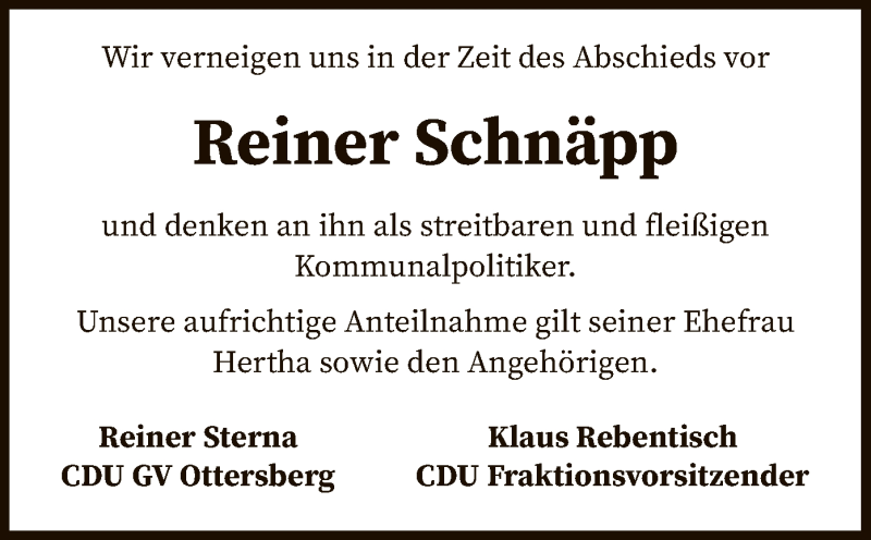  Traueranzeige für Reiner Schnäpp vom 05.06.2019 aus SYK