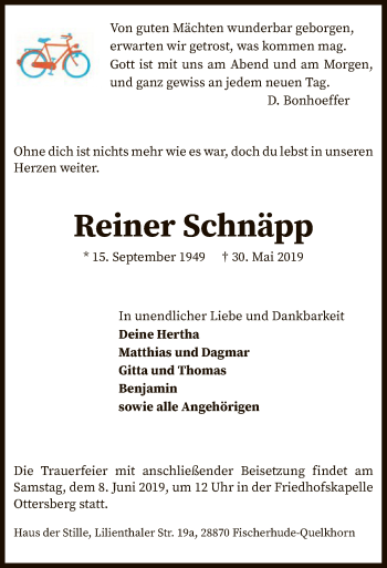 Traueranzeige von Reiner Schnäpp von SYK