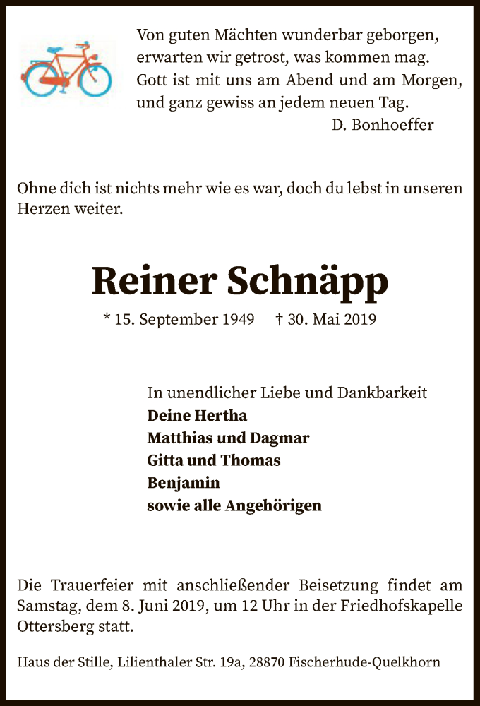  Traueranzeige für Reiner Schnäpp vom 05.06.2019 aus SYK