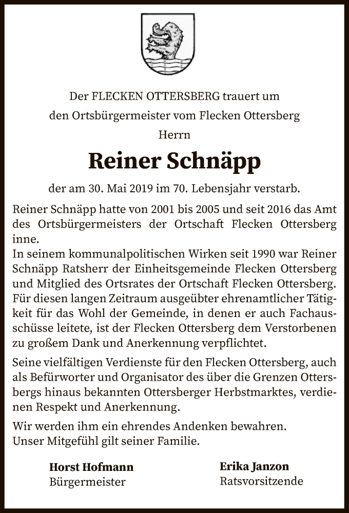  Traueranzeige für Reiner Schnäpp vom 05.06.2019 aus SYK