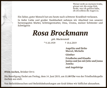 Traueranzeige von Rosa Brockmann von SYK