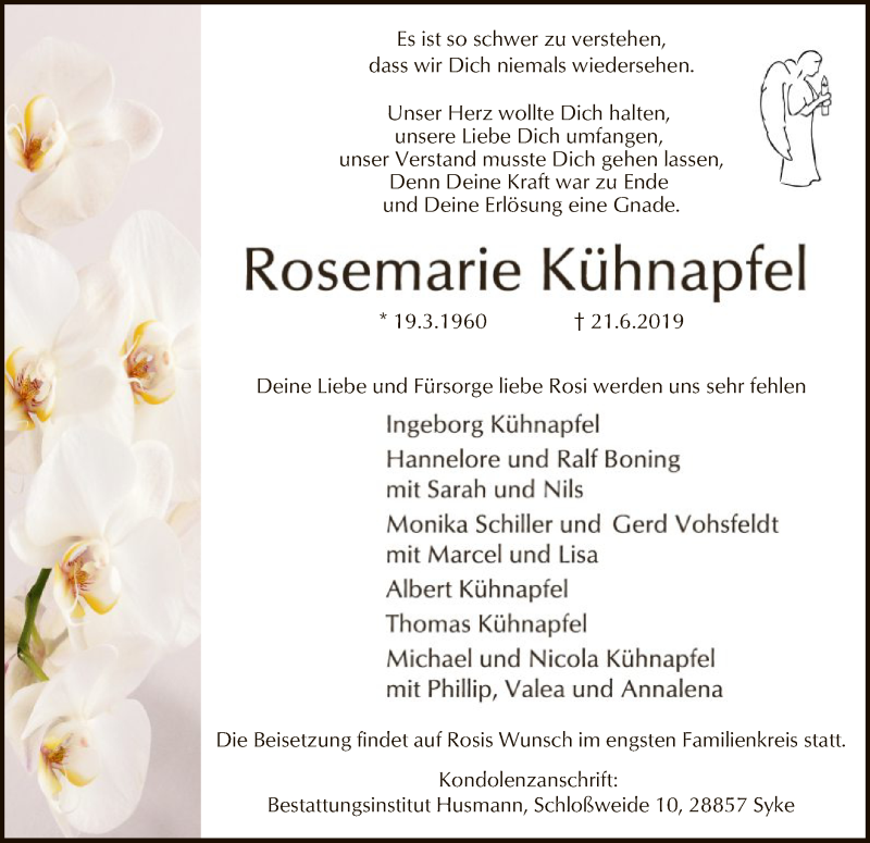  Traueranzeige für Rosemarie Kühnapfel vom 26.06.2019 aus SYK