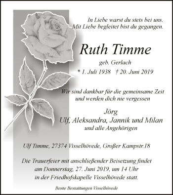 Traueranzeige von Ruth Timme von SYK