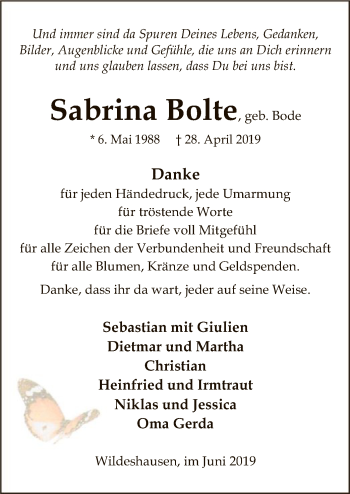 Traueranzeige von Sabrina Bolte von SYK