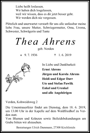 Traueranzeige von Thea Ahrens von SYK