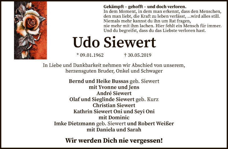  Traueranzeige für Udo Siewert vom 01.06.2019 aus SYK