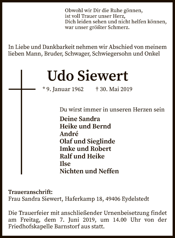  Traueranzeige für Udo Siewert vom 01.06.2019 aus SYK