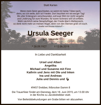 Traueranzeige von Ursula Seeger von SYK