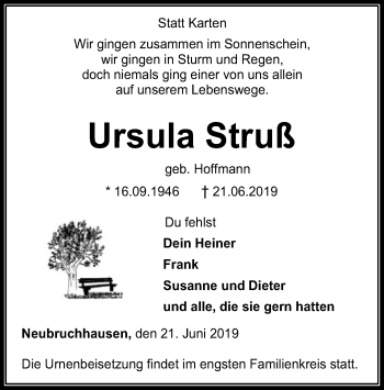 Traueranzeige von Ursula Struß von SYK