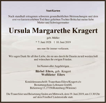 Traueranzeige von Ursula Margarethe Kragert von SYK