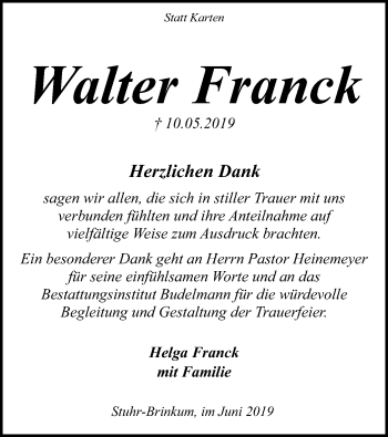 Traueranzeige von Walter Franck von SYK