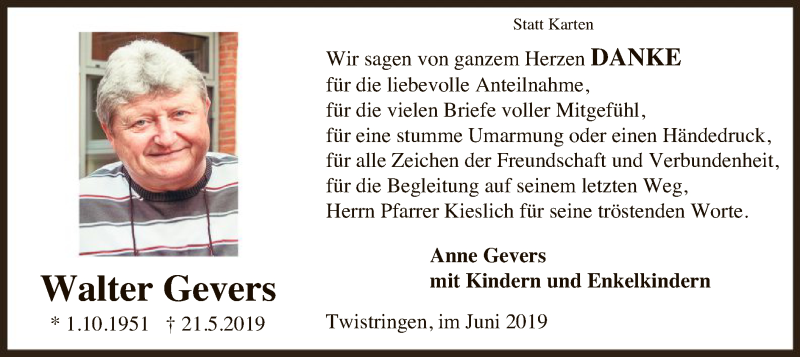  Traueranzeige für Walter Gevers vom 21.06.2019 aus SYK