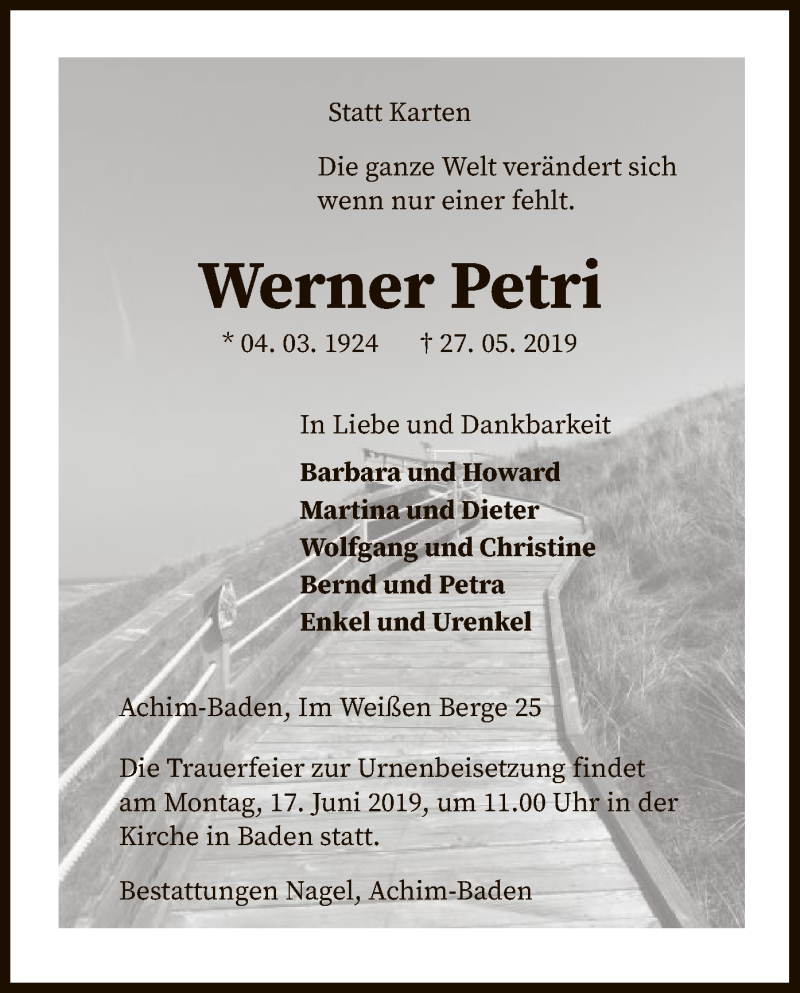  Traueranzeige für Werner Petri vom 01.06.2019 aus SYK