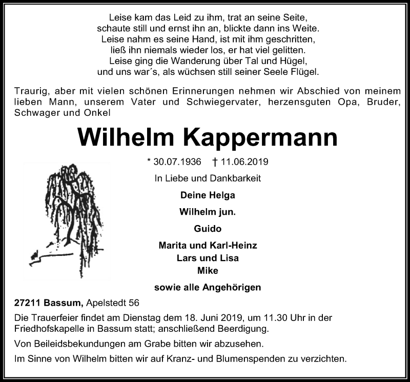  Traueranzeige für Wilhelm Kappermann vom 13.06.2019 aus SYK