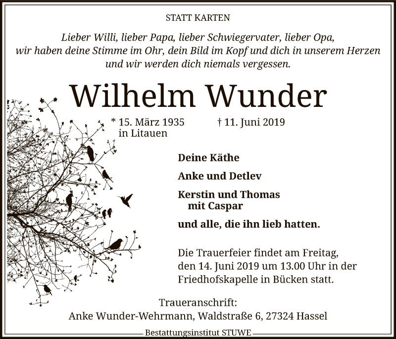  Traueranzeige für Wilhelm Wunder vom 13.06.2019 aus SYK