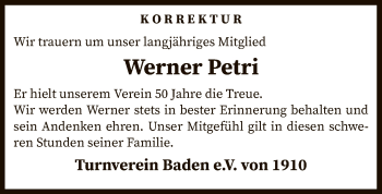 Traueranzeige von Werner Petri von SYK