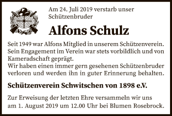 Traueranzeige von Alfons Schulz von SYK