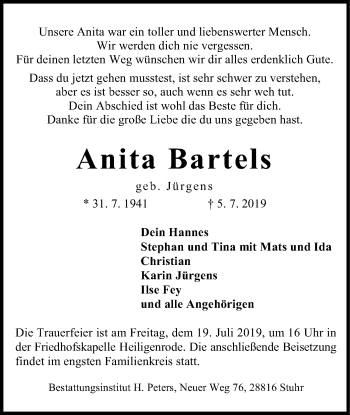 Traueranzeige von Anita Bartels von SYK