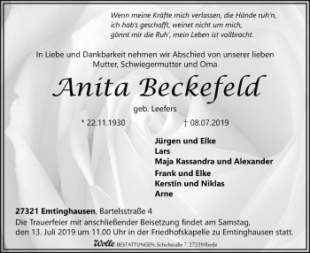 Traueranzeige von Anita Beckefeld von SYK