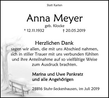 Traueranzeige von Anna Meyer von SYK