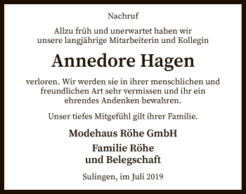 Traueranzeige von Annedore Hagen von SYK