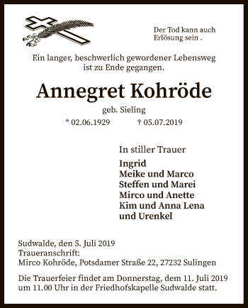 Traueranzeige von Annegret Kohröde von SYK