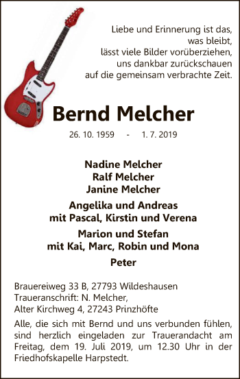 Traueranzeige von Bernd Melcher von SYK