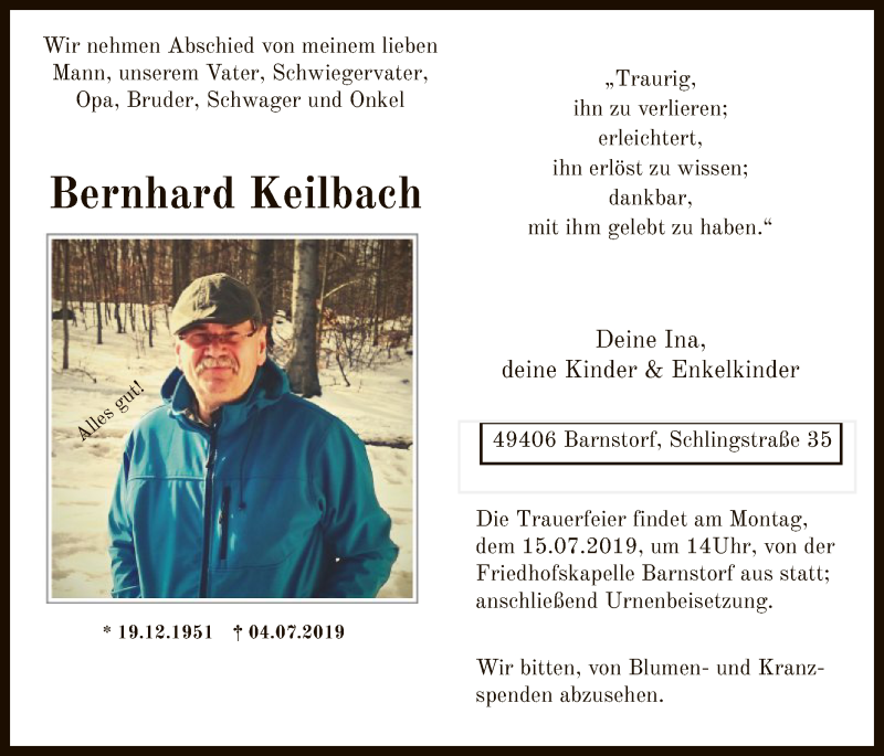  Traueranzeige für Bernhard Keilbach vom 09.07.2019 aus SYK